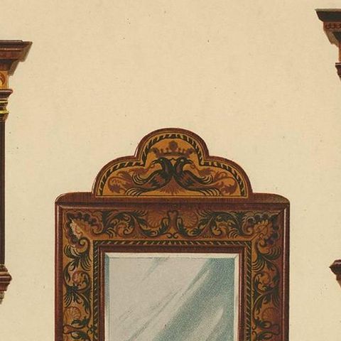 Antique Print of English Furniture 'Clocks, Mirror, Chair' by P. Macquoid, 1906, close-up 1