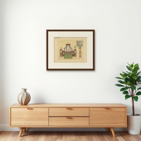 Antique Print of a Sofa and Furniture by Kramer, circa 1910, shown framed on a wall, true to size