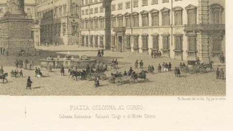 Piazza Colonna and Column of Marcus Aurelius, Rome, Benoist 1869 Lithograph, close-up 5