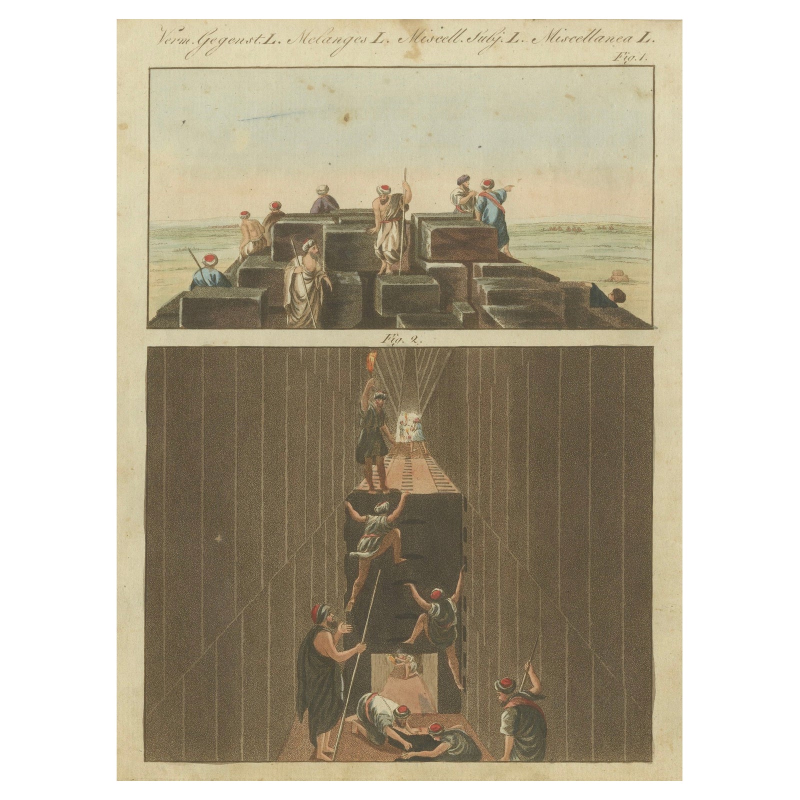 1805 Hand-Colored Engraving of Ancient Pyramid Construction from Bertuch’s Work