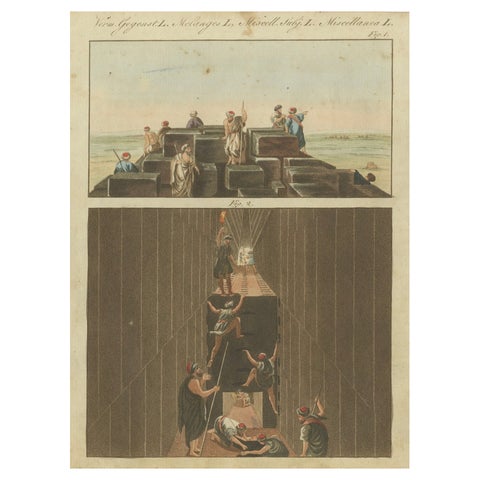 1805 Hand-Colored Engraving of Ancient Pyramid Construction from Bertuch’s Work