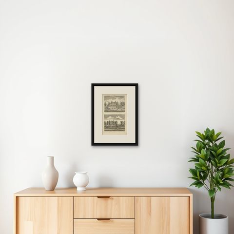 Antique Print of Mansion Postwijck and Bergvliet Manor in the Netherlands, 1730, shown framed on a wall, true to size