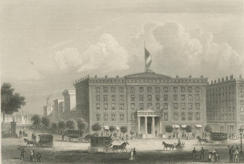 Astor House New York, Antique Broadway Hotel Steel Engraving 1850s, close-up 1
