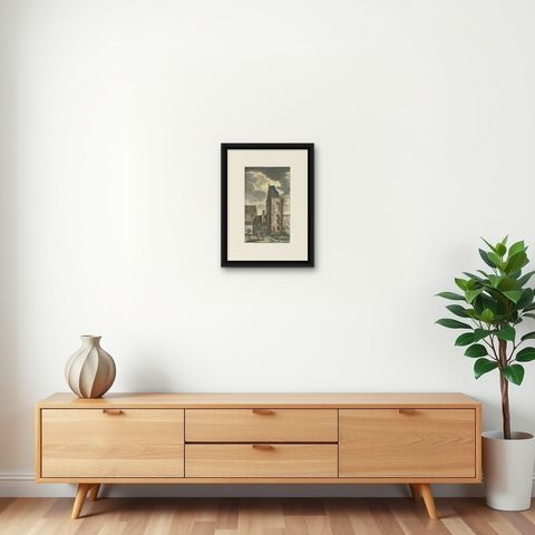 Antique Print of a Tower Zwigt Utrecht in Amsterdam by Goeree, 1765, shown framed on a wall, true to size