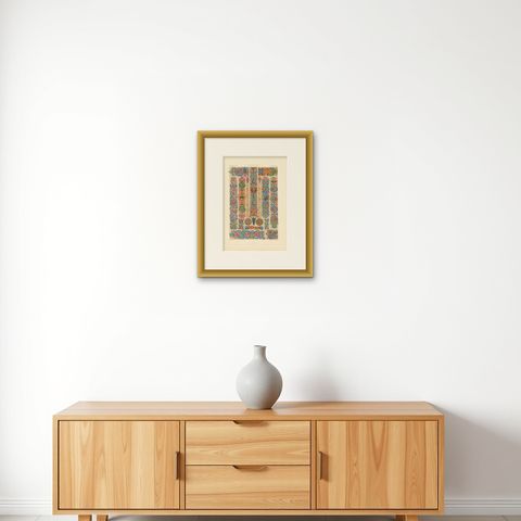 Pl. 52 Antique Print of Renaissance Ornaments by Racinet, circa 1890, shown framed on a wall, true to size