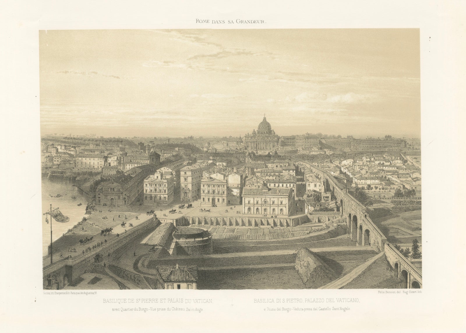 St Peter’s Basilica and Vatican Palace Panorama, Rome, Benoist 1869 Lithograph