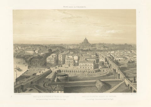St Peter’s Basilica and Vatican Palace Panorama, Rome, Benoist 1869 Lithograph