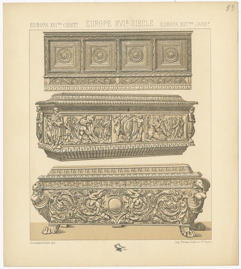 Pl. 53 Antique Print of European 16th Century Furniture by Racinet, circa 1880, view 3