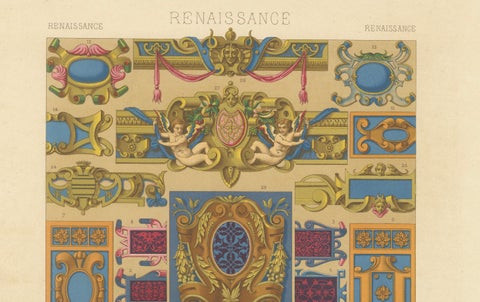 Renaissance Decorative Cartouches & Motifs, Antique Lithograph, ca.1869, close-up 1