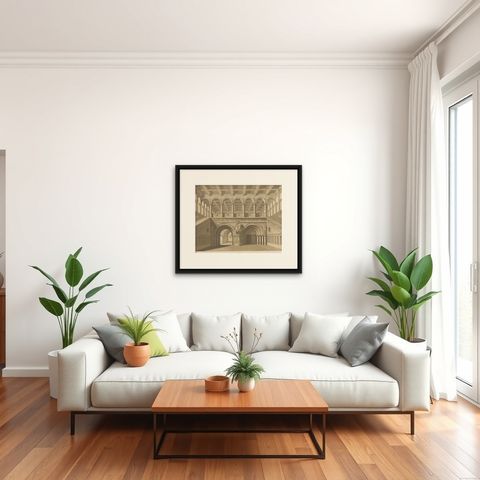 Architectural Elegance: Schinkel's Stairhall, Circa 1874, shown framed in a room, true to size