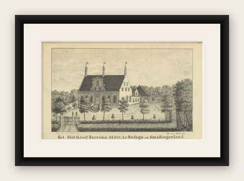 Antique Print of the Groot-Haersma Estate in Oudega, The Netherlands, c.1850, shown framed