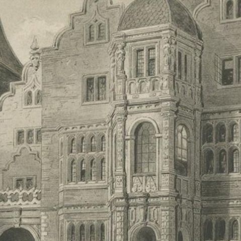 Antique Print of the Holland House in Middlesex by Hall, 1846, close-up 2