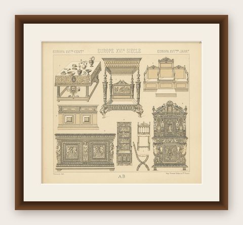 Pl. 48 Antique Print of European XVIth Century Furniture by Racinet, circa 1880, shown framed