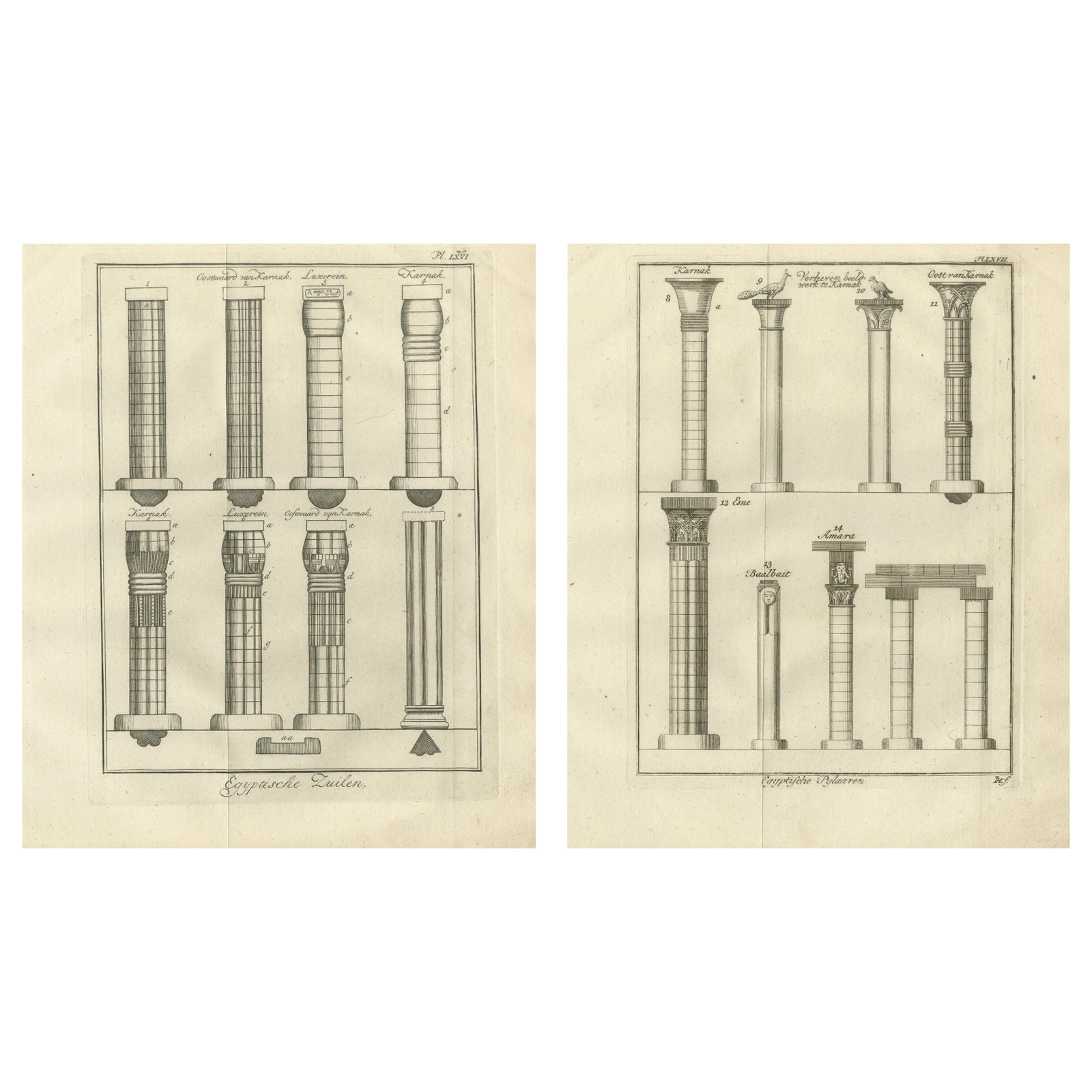 Architectural Engraving of Ancient Egyptian Columns and Capitals, c.1776
