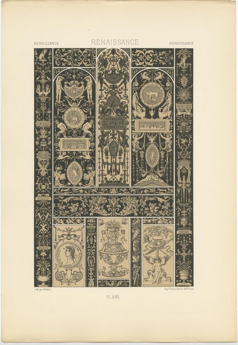 Pl. 56 Antique Print of Renaissance Ornaments by Racinet, circa 1890, view 4