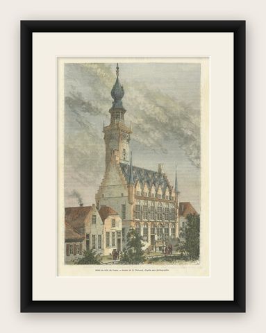 1875 Engraving of the Historic City Hall in Veere in Zeeland by E. Thérond, shown framed