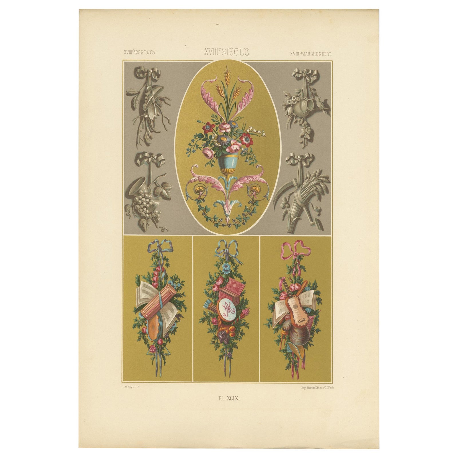 Pl. 99 Antique Print of XVIIIth Century Ornaments by Racinet, circa 1890