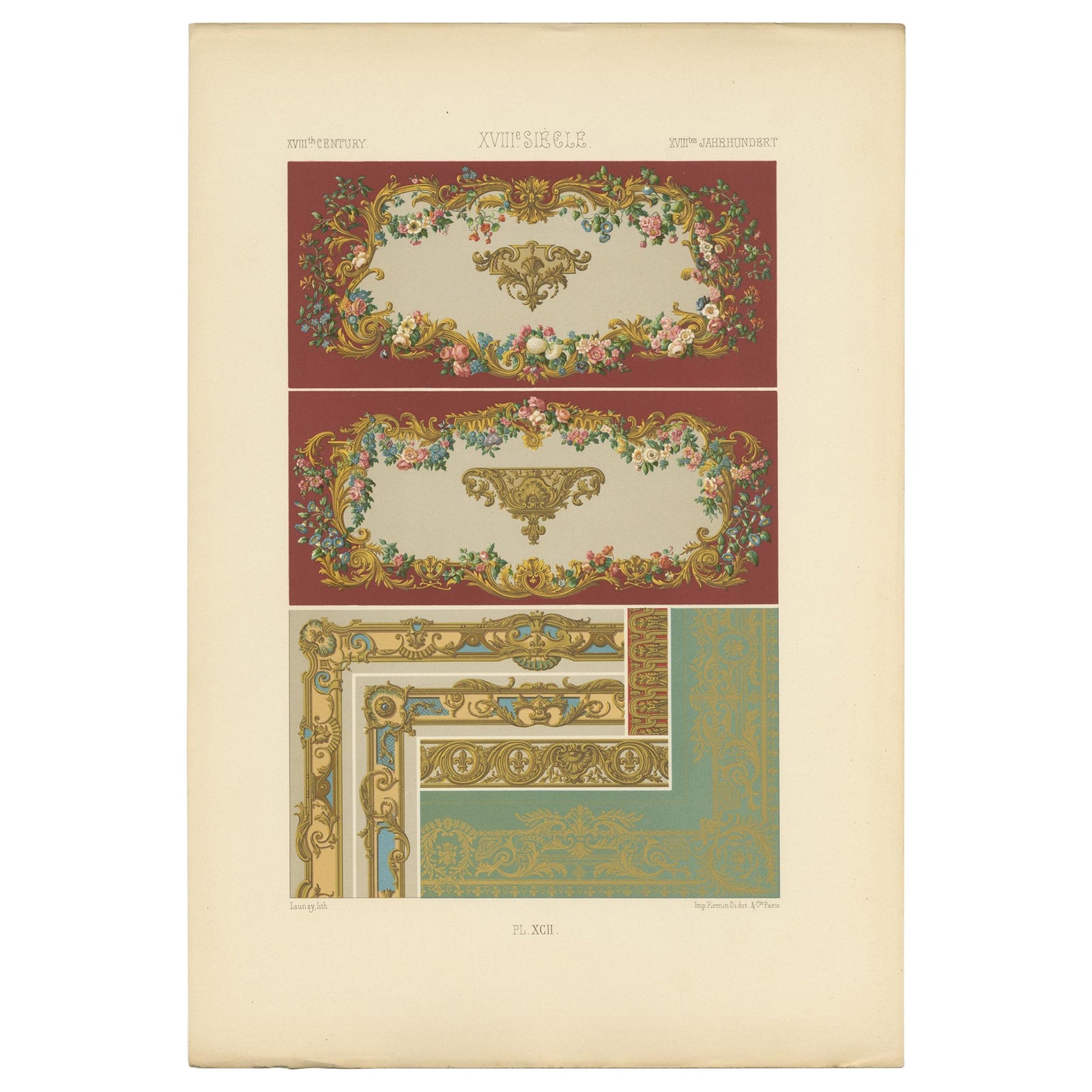 Pl. 92 Antique Print of XVIIIth Century Ornaments by Racinet, circa 1890
