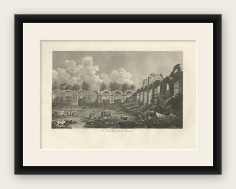 Vue des Ruines de la Vénerie, Architectural Ruins Copperplate Engraving, 1803, shown framed