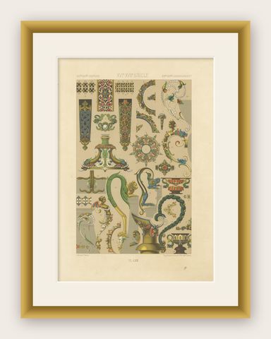 Baroque Ornament Details, 16th & 17th Century Design Elements, Plate LXII, 1869, shown framed