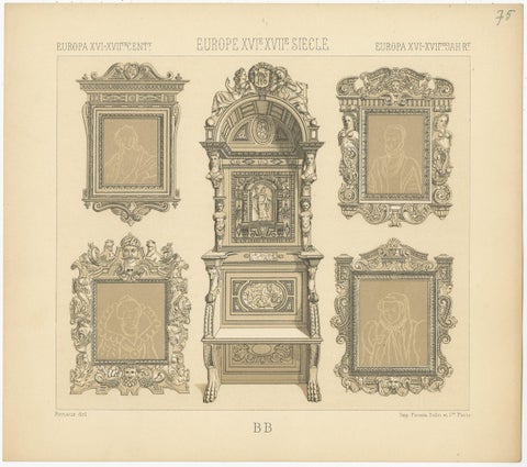 Pl. 75 Antique Print of European XVIth-XVIIth Furniture by Racinet 'circa 1880', view 2