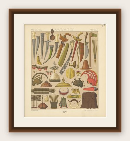 Pl. 95 Antique Print of Oceanian Decorative Objects by Racinet, 'circa 1880', shown framed