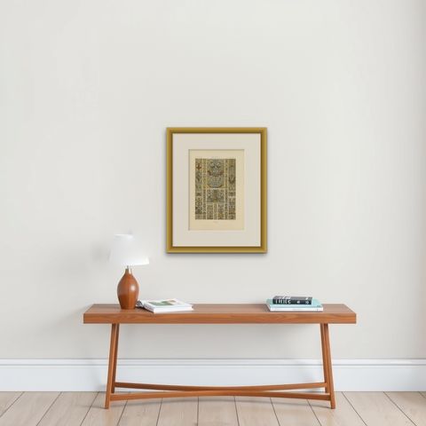 Pl. 79 Antique Print of XVIIth Century Ornaments by Racinet, circa 1890, shown framed on a wall, true to size