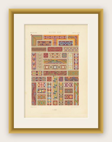 Pl. 32 Antique Print of Middle Ages Ornaments by Racinet (c.1890), shown framed