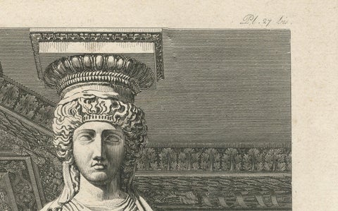 Architectural Engraving of a Caryatid, Cabinet d'Henri IV, by Baltard, ca.1800, close-up 6
