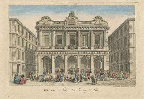 The Exchange Hall in Lyon, 18th Century Hand-Colored Engraving by Daumont, close-up 1