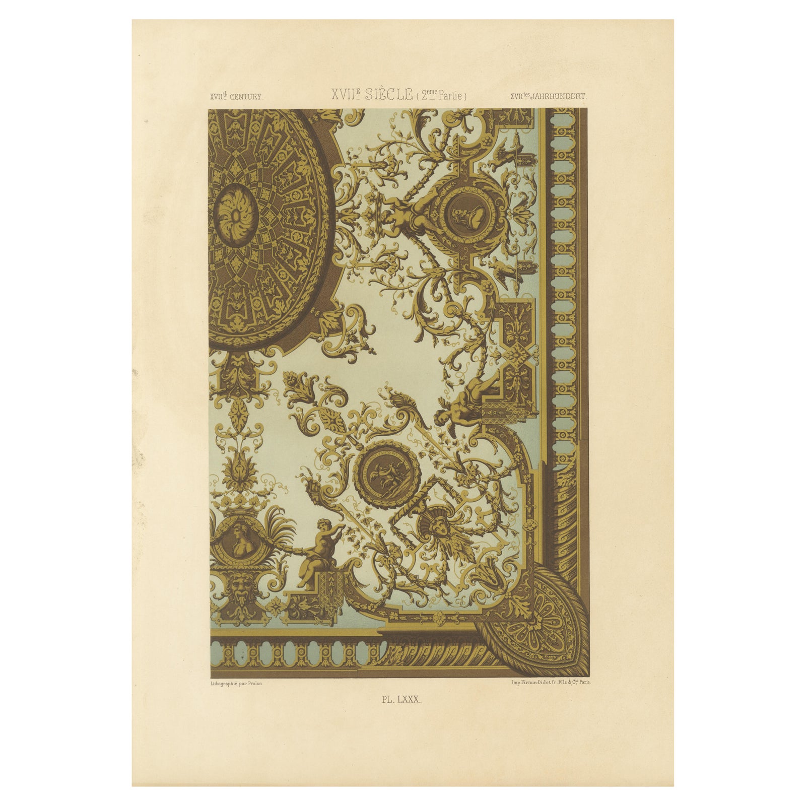 17th Century Ceiling Ornament, Baroque Interior Panel with Grotesques, ca.1869