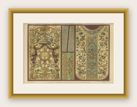 17th and 18th Century Ornamental Arts Print, Embroidery and Giltwork, 1887, shown framed