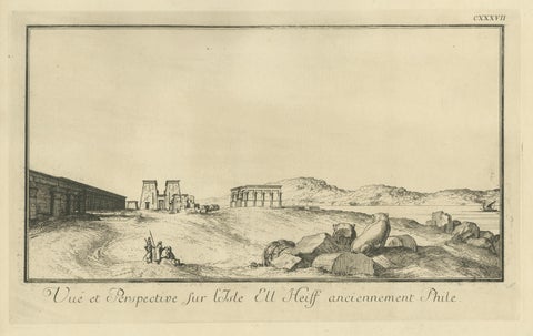 Temple of Philae on the Nile, Antique Egypt Ruins Engraving by Norden, c.1755, close-up 1
