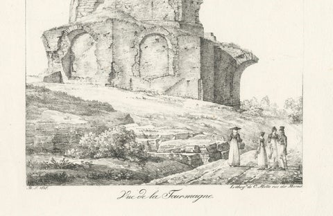 Roman Tower Ruins at Nîmes, Tour Magne Landscape Lithograph, France c.1818, close-up 2