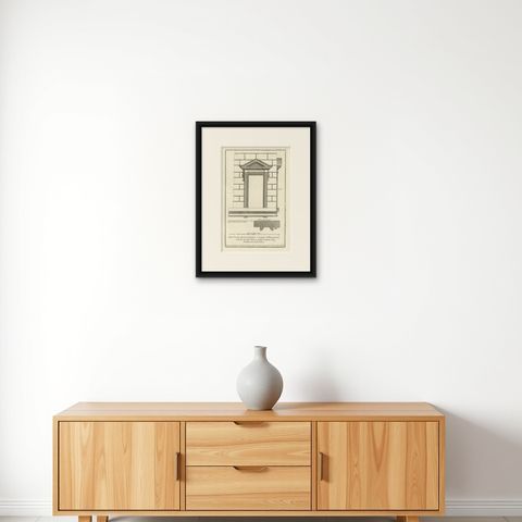 Old Architectural Engraving of a Window of Palazzo Chigi, Rome, ca.1710, shown framed on a wall, true to size
