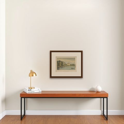 Antique Print of Harleyford Manor by Hanhart '1857', shown framed on a wall, true to size