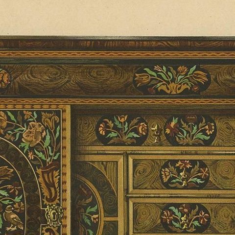 Antique Print of English Furniture 'Walnut Cabinet' by P. Macquoid, 1906, close-up 1