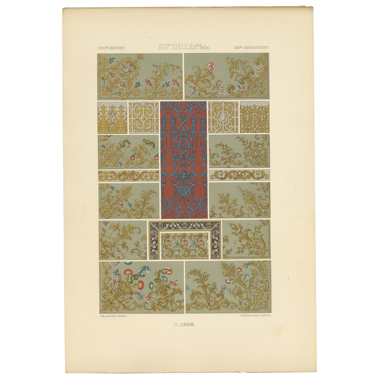 Pl. 78 Antique Print of XVIIth Century Ornaments by Racinet (c.1890)