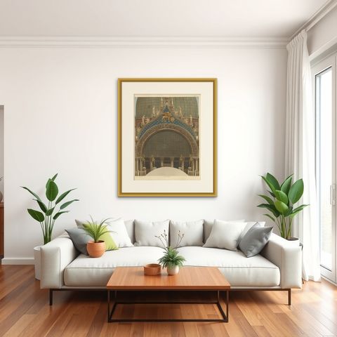 Antique Print of the Main Portal of the Basilica of San Marco, 1881, shown framed in a room, true to size