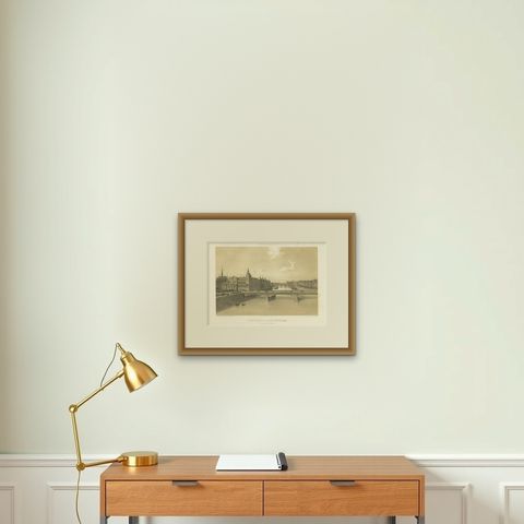 Antique Print of the Pont au Change and Palace of Justice by Benoist, 1861, shown framed on a wall, true to size