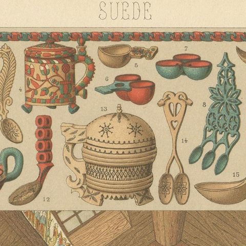 Pl. 125 Antique Print of Swedish Interior of Racinet, 'circa 1880', close-up 1