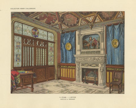 Medieval Revival Office Interior with Monumental Fireplace, c.1900, close-up 1