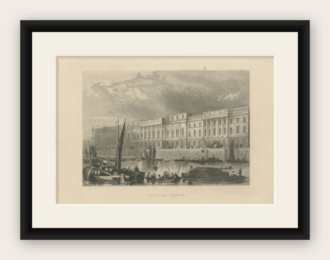 Antique Print of the Custom House of London, circa 1840, shown framed