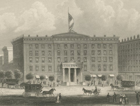 Astor House New York, Antique Broadway Hotel Steel Engraving 1850s, close-up 3