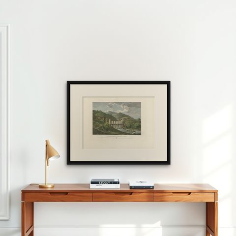 Antique Print of the Bridge of Lladenet, Six Leagues From Barcelona, Spain, shown framed on a wall, true to size