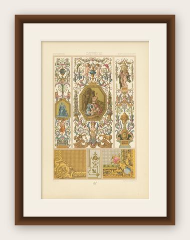 Pl. 104 Antique Print of 17th Century Interior Decor by Racinet, circa 1890, shown framed