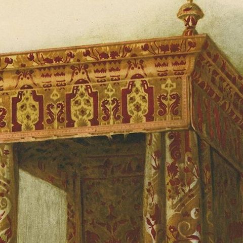 Antique Print of English Furniture 'Upholstered Bed' by P. Macquoid, 1906, close-up 1