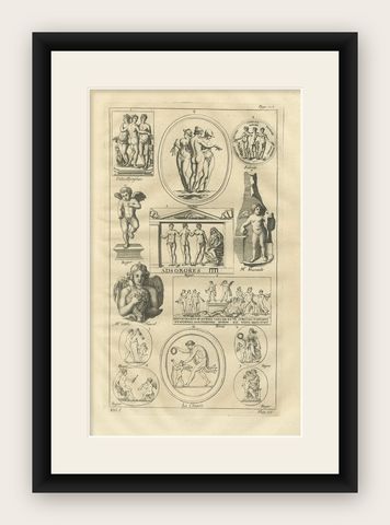 Classical Putti and Three Graces Engraving, Montfaucon Antiquité Expliquée 1721, shown framed