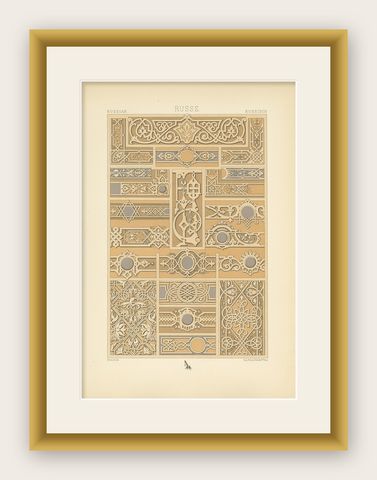 Pl. 69 Antique Print of Russian Motifs from Metalwork Ornaments by Racinet, shown framed