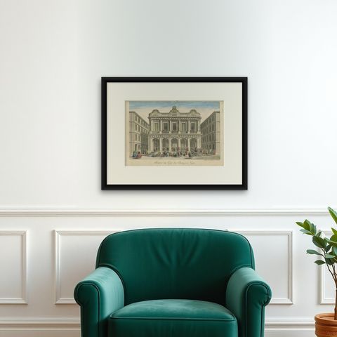 The Exchange Hall in Lyon, 18th Century Hand-Colored Engraving by Daumont, shown framed on a wall, true to size